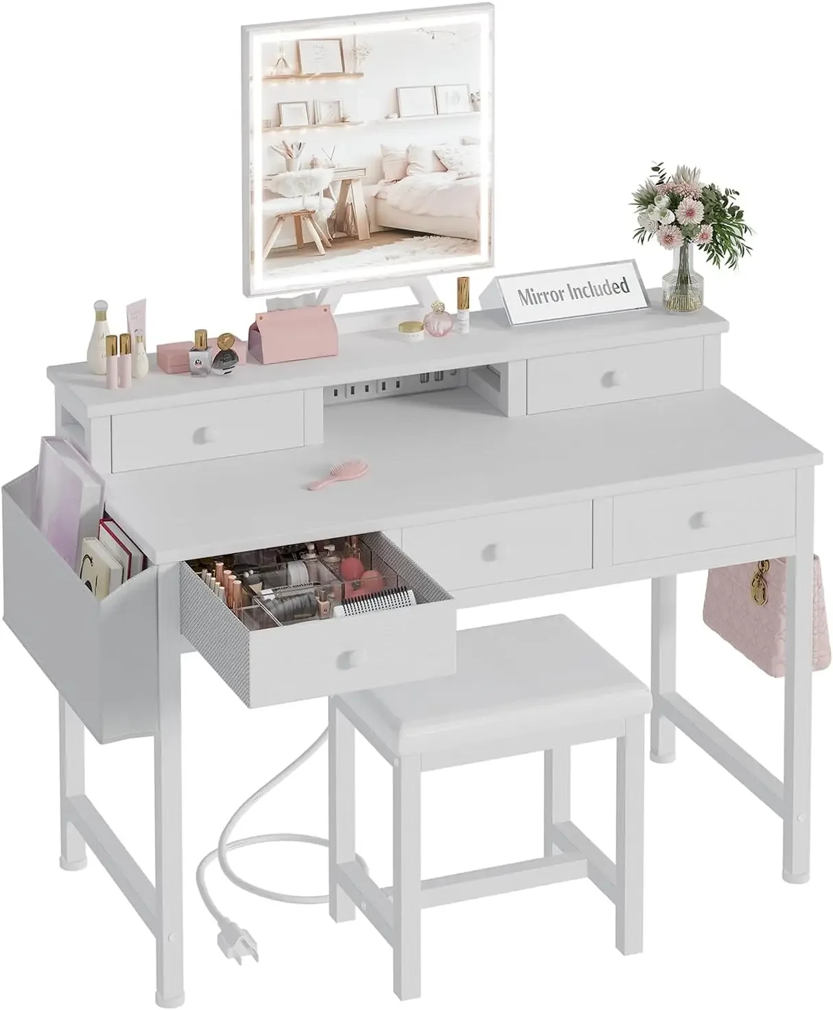 Desk Vanity Setup - Penteadeira branca com espelho e luzes